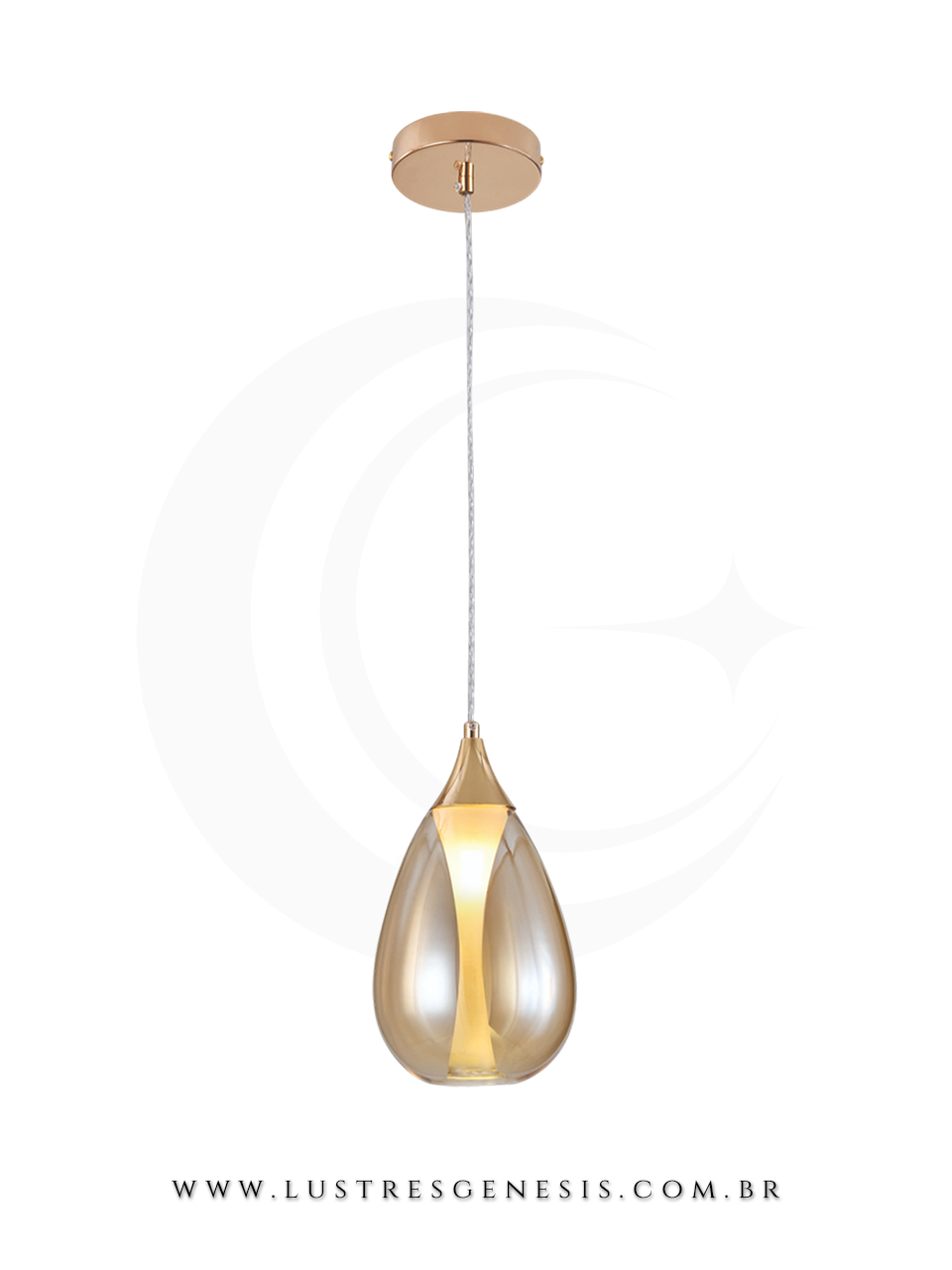 Lustre Pendente Metal Dourado Vidro Ambar DCD04185 G9 15x28cm, Bancada Area Gourmet, Lavabo, Cabeceira de Cama, Banheiro